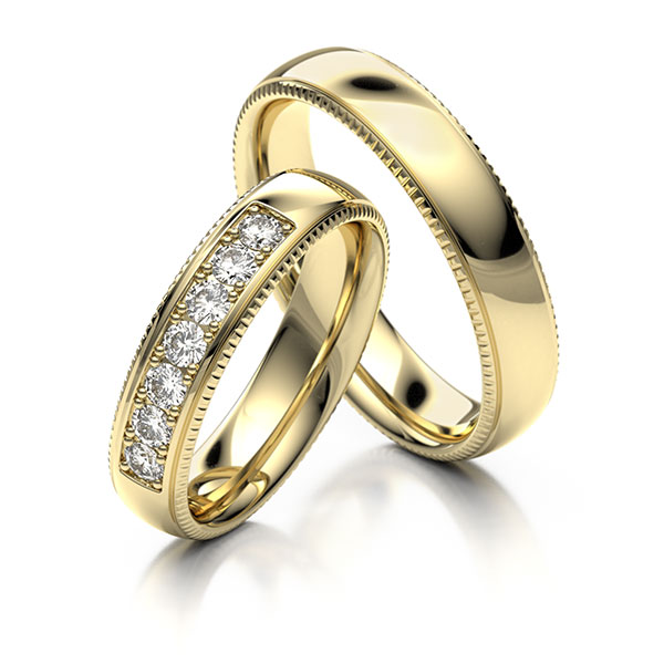 Set Klassieke trouwringen in geelgoud 14 kt. met in totaal 0,35 ct. Briljant tw/si 