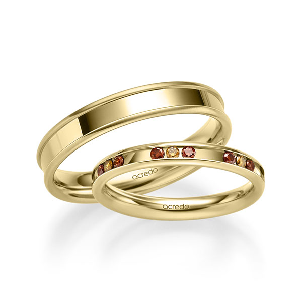 Set Klassieke trouwringen in geelgoud 14 kt. met in totaal 0,42 ct. Briljant Cognac Red Cherry van acredo - A-2226-3 Set Klassieke trouwringen in geelgoud 14 kt. met in totaal 0,42 ct. Briljant Cognac Red Cherry van acredo - A-2226-3