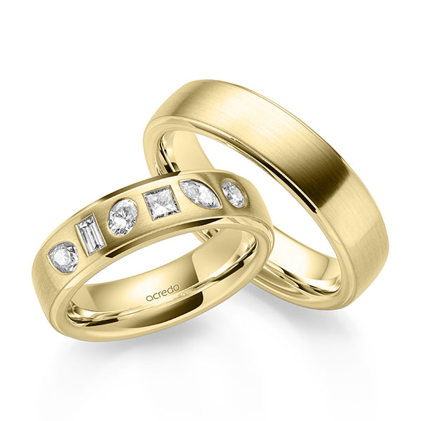 Set Klassieke trouwringen in geelgoud 14 kt. met in totaal 0,64 ct. Baguette-Diamant & Briljant & Princess-Diamant tw,vs tw/si van acredo