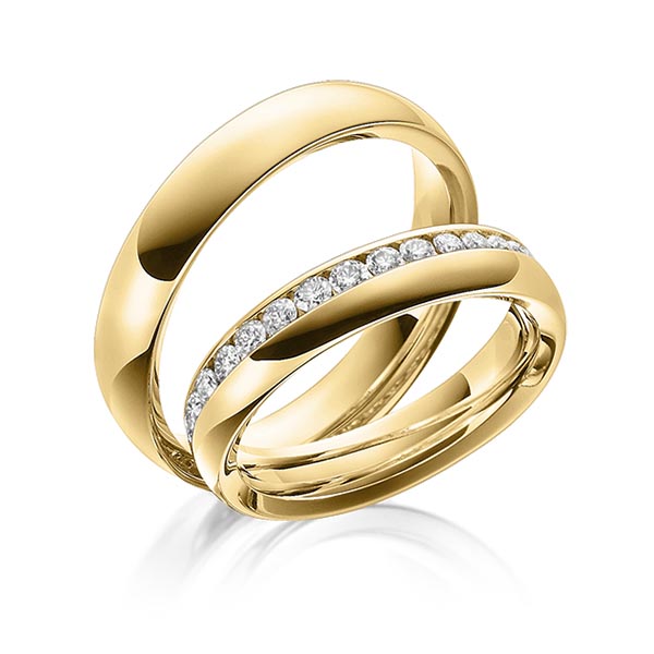 Set klassieke trouwringen in geelgoud 14 kt. met in totaal 0,8 ct. Briljant tw/si van Steinberg
