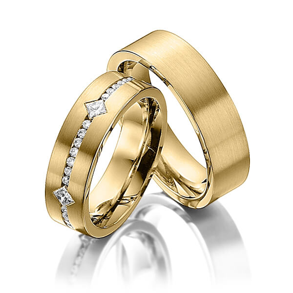 Set klassieke trouwringen in geelgoud 14 kt. met in totaal 0,95 ct. Briljant & Princess-Diamant tw/si van Steinberg