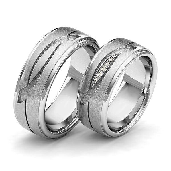 Set Klassieke trouwringen in grijsgoud 14 kt. Laser Structuur met in totaal 0,04 ct. Briljant tw/si van Eternal Touch