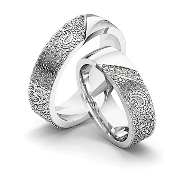 Set Klassieke trouwringen in grijsgoud 14 kt. Laser Structuur met in totaal 0,06 ct. Briljant tw/si van Eternal Touch