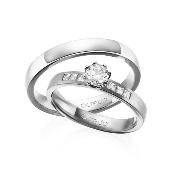 Set klassieke trouwringen in grijsgoud 14 kt. met 0,4 ct. + in totaal 0,18 ct. Princess-Diamant & Briljant tw/si tw,vs van acredo - A-1379-8