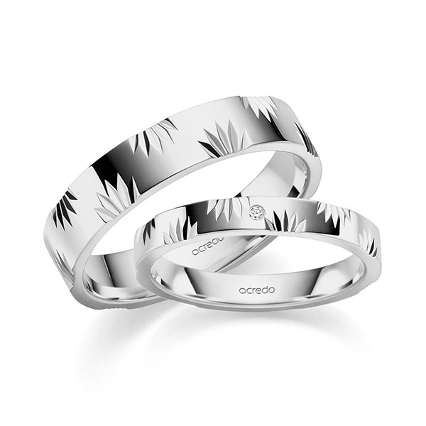 Set Klassieke trouwringen in grijsgoud 14 kt. met in totaal 0,008 ct. Briljant tw/si van acredo