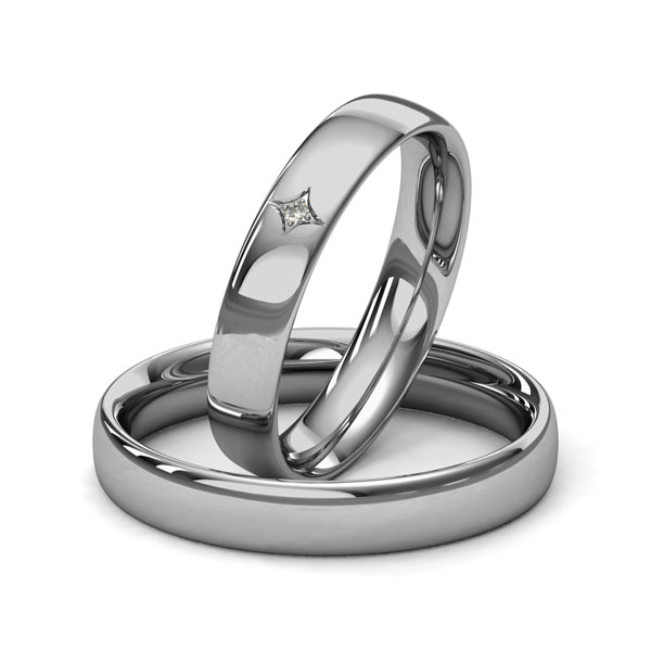 Set klassieke trouwringen in grijsgoud 14 kt. met in totaal 0,01 ct. Briljant tw/si van Merii