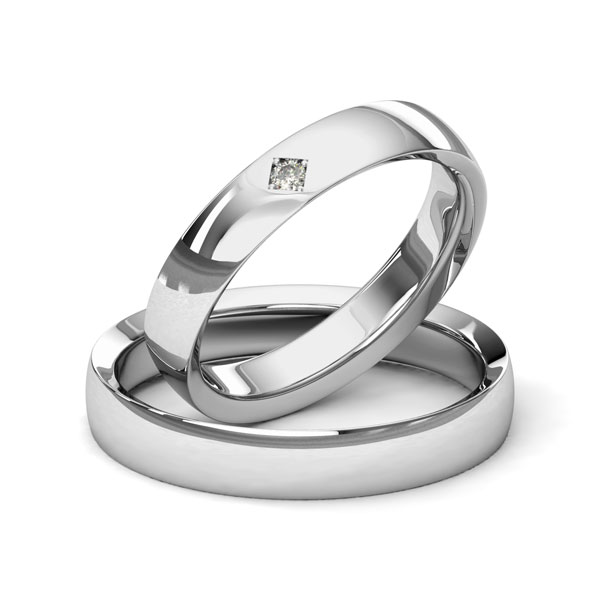 Set klassieke trouwringen in grijsgoud 14 kt. met in totaal 0,025 ct. Briljant tw/si van Merii