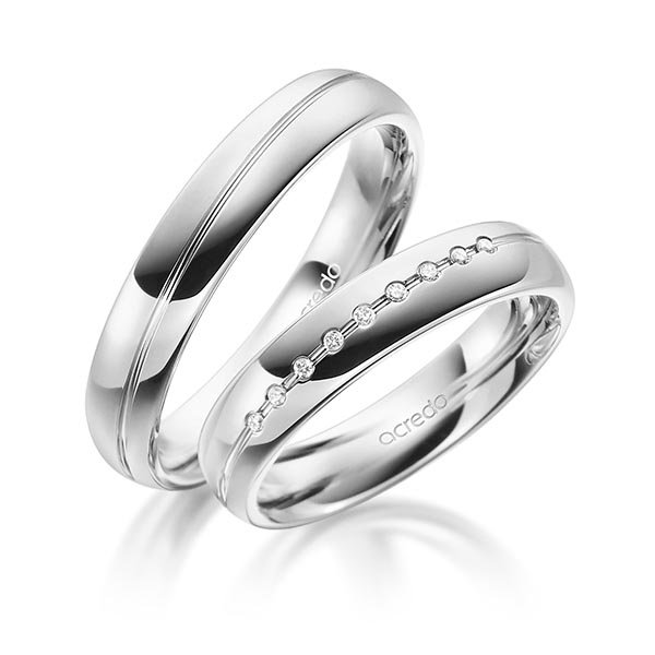 Set Klassieke trouwringen in grijsgoud 14 kt. met in totaal 0,045 ct. Briljant tw/si van acredo