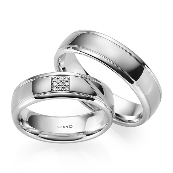 Set Klassieke trouwringen in grijsgoud 14 kt. met in totaal 0,045 ct. Briljant tw/si van acredo