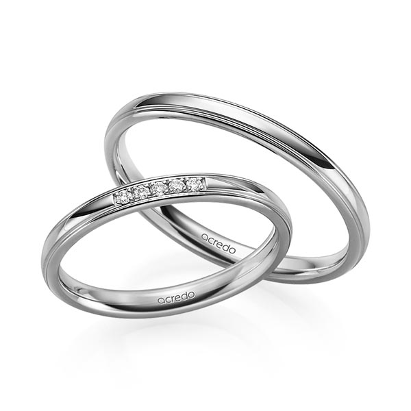 Set Klassieke trouwringen in grijsgoud 14 kt. met in totaal 0,04 ct. Briljant tw/si van acredo