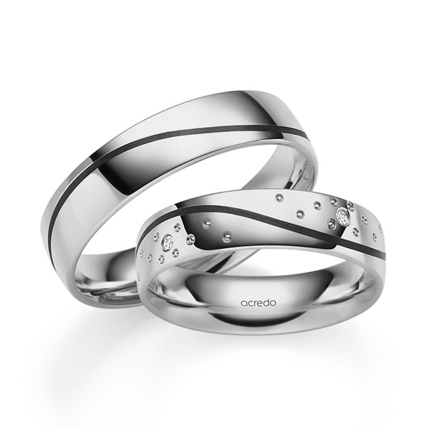 Set Klassieke trouwringen in grijsgoud 14 kt. met in totaal 0,04 ct. Briljant tw/si van acredo