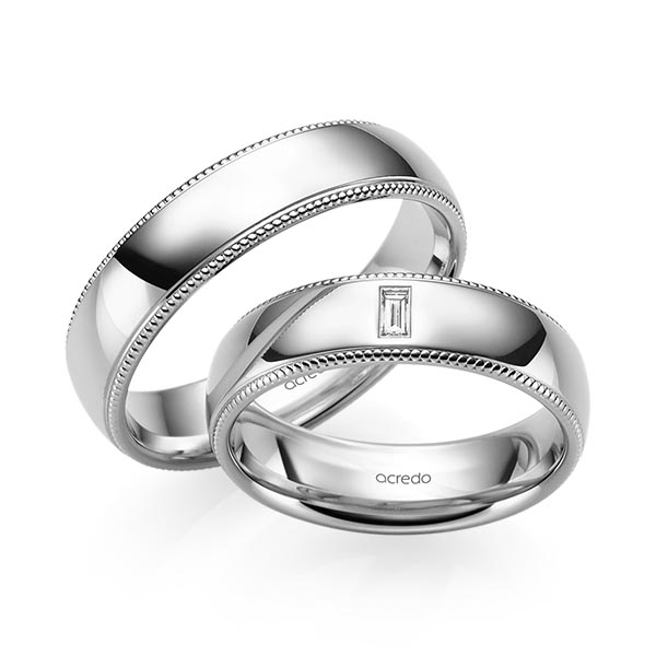 Set Klassieke trouwringen in grijsgoud 14 kt. met in totaal 0,05 ct. Baguette-Diamant tw,vs van acredo