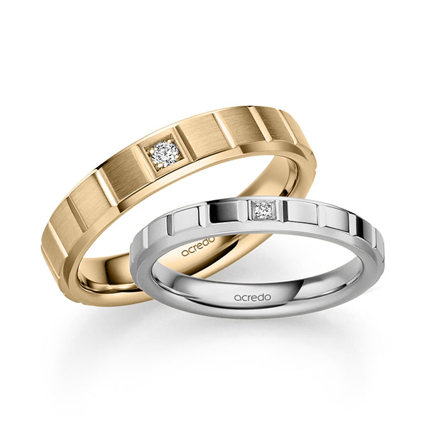 Set Klassieke trouwringen in grijsgoud 14 kt. met in totaal 0,05 ct. Briljant tw/si van acredo