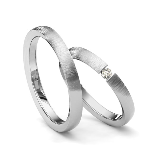 Set klassieke trouwringen in grijsgoud 14 kt. met in totaal 0,05 ct. Briljant tw/si van Merii - M-1219-2 Set klassieke trouwringen in grijsgoud 14 kt. met in totaal 0,05 ct. Briljant tw/si van Merii - M-1219-2