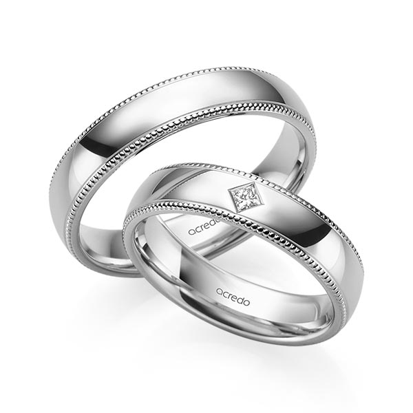 Set Klassieke trouwringen in grijsgoud 14 kt. met in totaal 0,05 ct. Princess-Diamant tw/si van acredo
