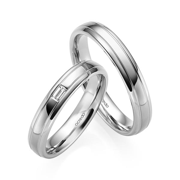 Set Klassieke trouwringen in grijsgoud 14 kt. met in totaal 0,06 ct. Baguette-Diamant tw,vs van acredo
