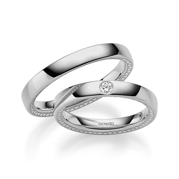 Set Klassieke trouwringen in grijsgoud 14 kt. met in totaal 0,06 ct. Briljant tw/si van acredo