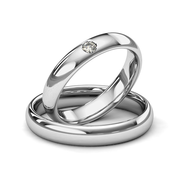 Set klassieke trouwringen in grijsgoud 14 kt. met in totaal 0,06 ct. Briljant tw/si van Merii