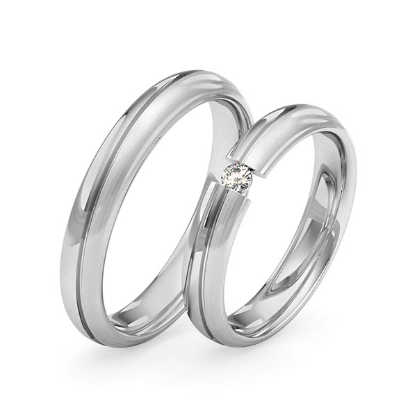 Set Klassieke trouwringen in grijsgoud 14 kt. met in totaal 0,06 ct. Briljant tw/si van Merii