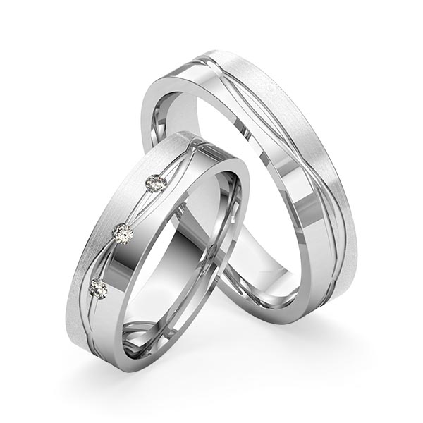 Set Klassieke trouwringen in grijsgoud 14 kt. met in totaal 0,06 ct. Briljant tw/si van Merii - M-1276-5 Set Klassieke trouwringen in grijsgoud 14 kt. met in totaal 0,06 ct. Briljant tw/si van Merii - M-1276-5
