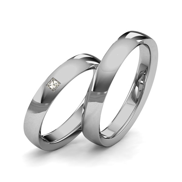 Set klassieke trouwringen in grijsgoud 14 kt. met in totaal 0,06 ct. Princess-Diamant tw/si van Merii