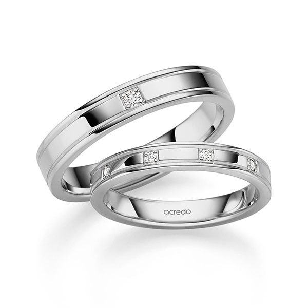 Set Klassieke trouwringen in grijsgoud 14 kt. met in totaal 0,075 ct. Briljant tw/si van acredo