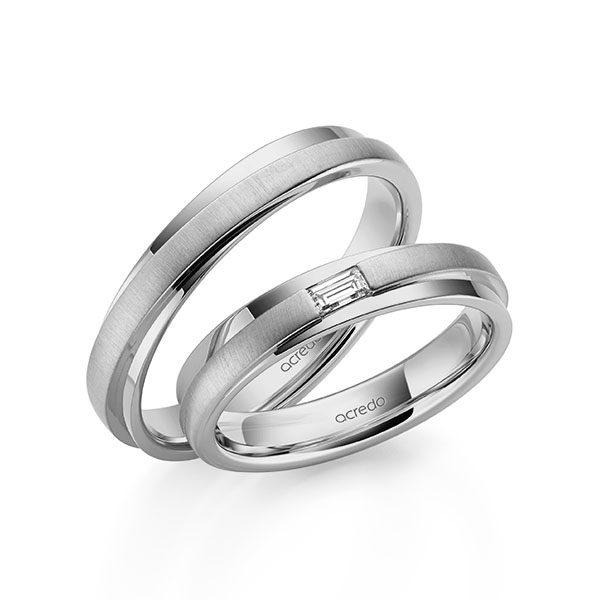 Set Klassieke trouwringen in grijsgoud 14 kt. met in totaal 0,1 ct. Baguette-Diamant tw,vs van acredo