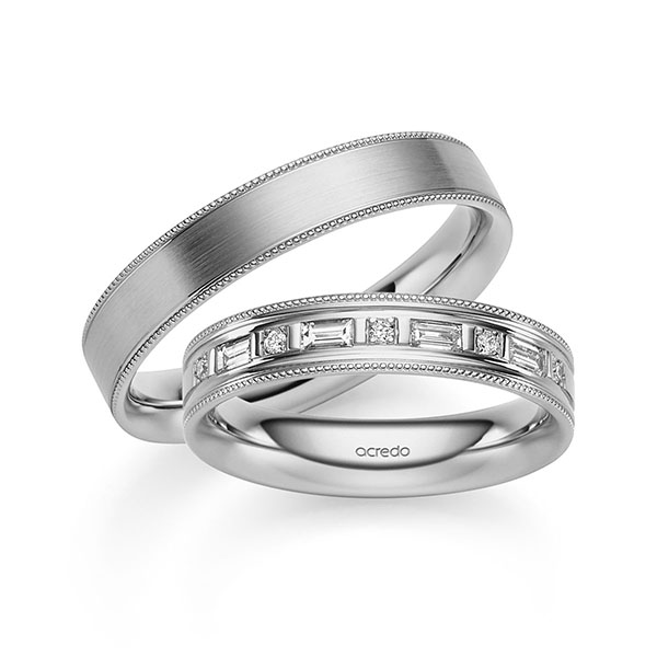 Set Klassieke trouwringen in grijsgoud 14 kt. met in totaal 0,25 ct. Baguette-Diamant & Briljant tw,vs van acredo
