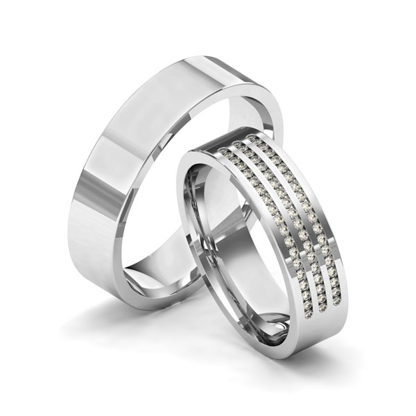 Set klassieke trouwringen in grijsgoud 14 kt. met in totaal 0,285 ct. Briljant tw/si van Merii