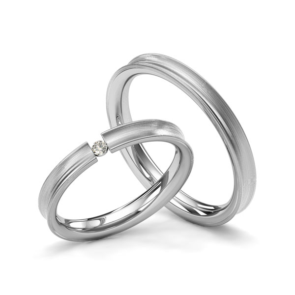 Set klassieke trouwringen in palladium 14 kt. met in totaal 0,03 ct. Briljant tw/si van Merii