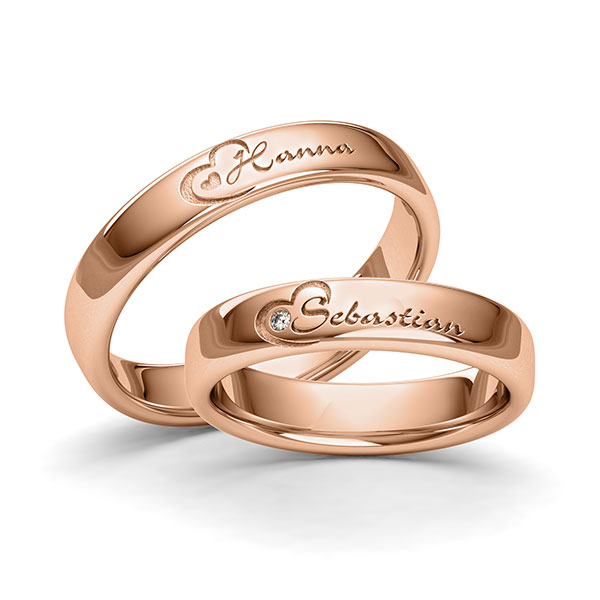 Set klassieke trouwringen in roodgoud 14 kt. Hart met in totaal 0,01 ct. Briljant tw/si van Eternal Touch