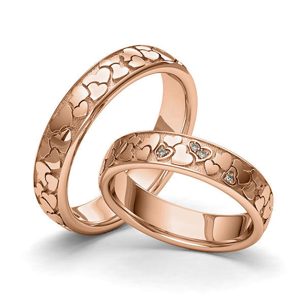 Set klassieke trouwringen in roodgoud 14 kt. Hart met in totaal 0,02 ct. Briljant tw/si van Eternal Touch