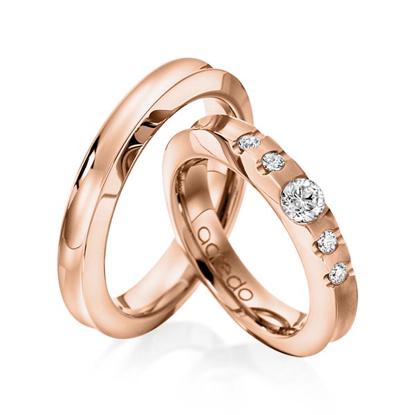 Set klassieke trouwringen in roodgoud 14 kt. met 0,3 ct. + in totaal 0,12 ct. Briljant tw/si van acredo - A-1118-7