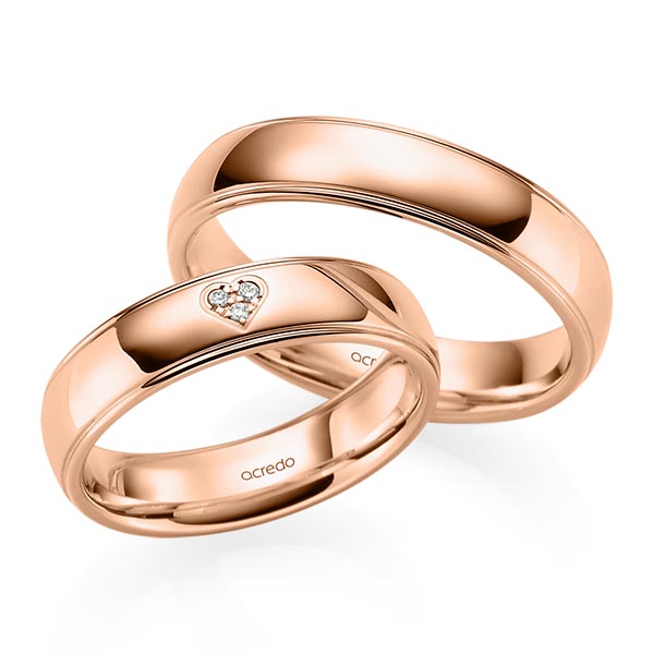 Set Klassieke trouwringen in roodgoud 14 kt. met in totaal 0,021 ct. Briljant tw/si van acredo