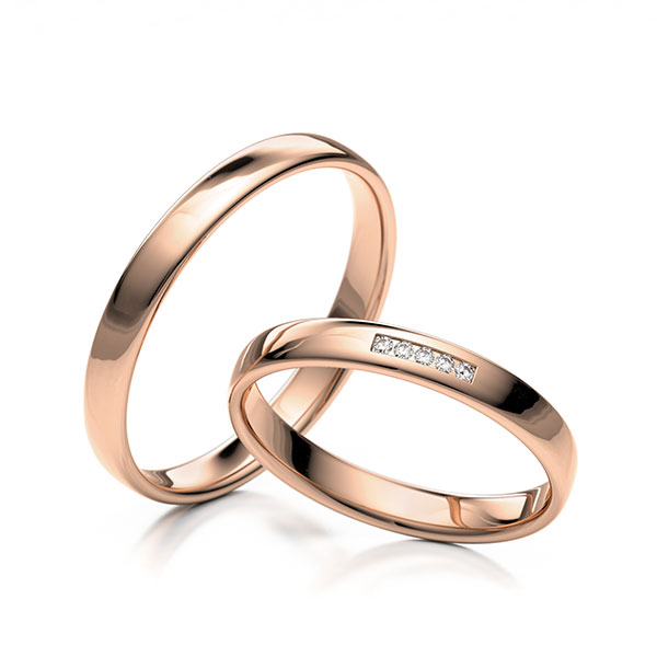 Set Klassieke trouwringen in roodgoud 14 kt. met in totaal 0,025 ct. Briljant tw/si 