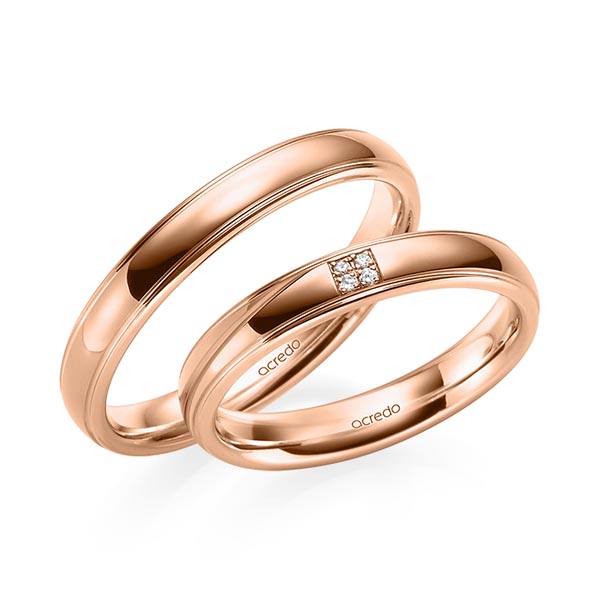Set Klassieke trouwringen in roodgoud 14 kt. met in totaal 0,02 ct. Briljant tw/si van acredo