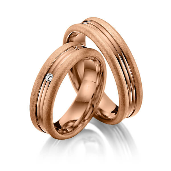 Set Klassieke trouwringen in roodgoud 14 kt. met in totaal 0,02 ct. Briljant tw/si van Merii