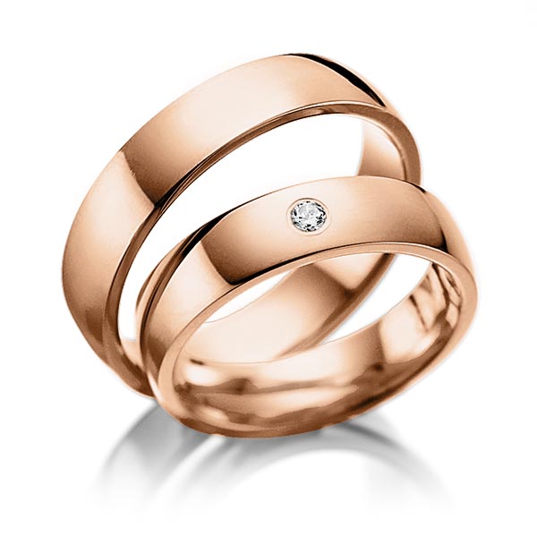Set klassieke trouwringen in roodgoud 14 kt. met in totaal 0,02 ct. Briljant tw/si van Merii