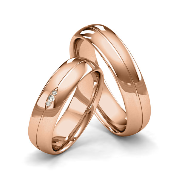 Set Klassieke trouwringen in roodgoud 14 kt. met in totaal 0,02 ct. Briljant tw/si van Merii - M-1204-2 Set Klassieke trouwringen in roodgoud 14 kt. met in totaal 0,02 ct. Briljant tw/si van Merii - M-1204-2