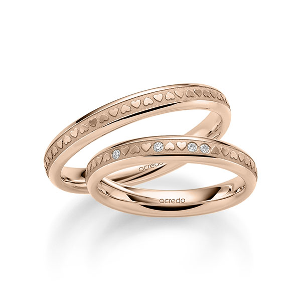 Set Klassieke trouwringen in roodgoud 14 kt. met in totaal 0,032 ct. Briljant tw/si van acredo