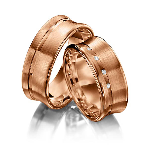 Set Klassieke trouwringen in roodgoud 14 kt. met in totaal 0,032 ct. Briljant tw/si van Merii
