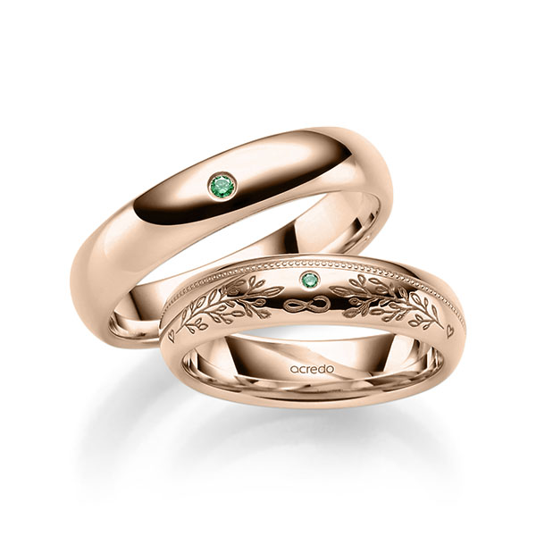 Set Klassieke trouwringen in roodgoud 14 kt. met in totaal 0,036 ct. Briljant van acredo