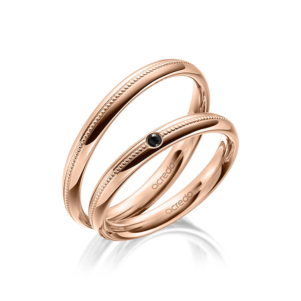 Set Klassieke trouwringen in roodgoud 14 kt. met in totaal 0,03 ct. Briljant Zwart van acredo