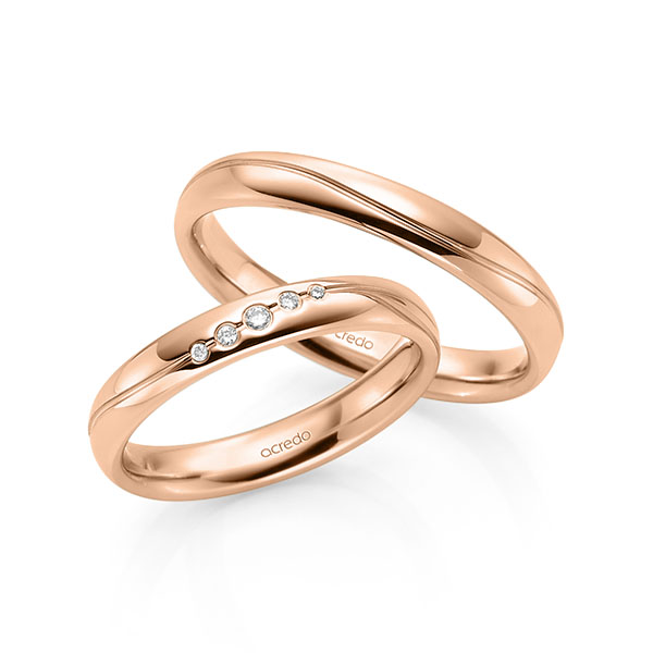 Set Klassieke trouwringen in roodgoud 14 kt. met in totaal 0,041 ct. Briljant tw/si van acredo