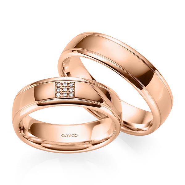 Set Klassieke trouwringen in roodgoud 14 kt. met in totaal 0,045 ct. Briljant tw/si van acredo