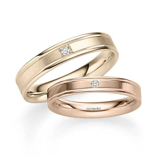 Set Klassieke trouwringen in roodgoud 14 kt. met in totaal 0,045 ct. Briljant tw/si van acredo