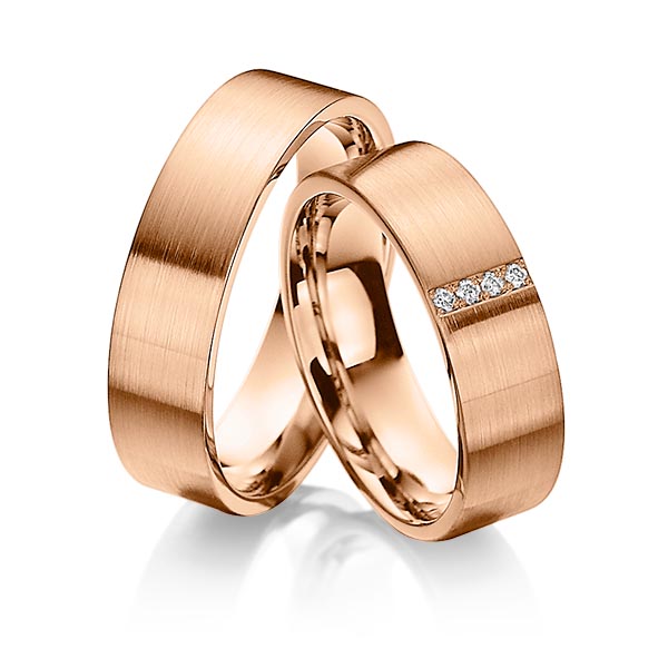 Set Klassieke trouwringen in roodgoud 14 kt. met in totaal 0,04 ct. Briljant tw/si 