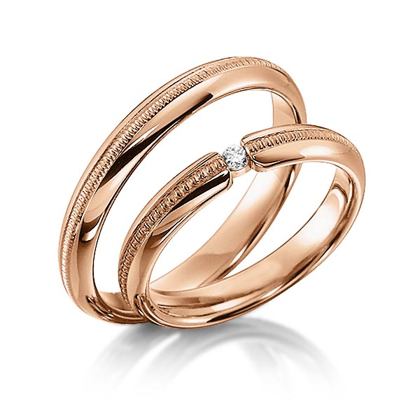 Set Klassieke trouwringen in roodgoud 14 kt. met in totaal 0,04 ct. Briljant tw/si van acredo - S-1135-3