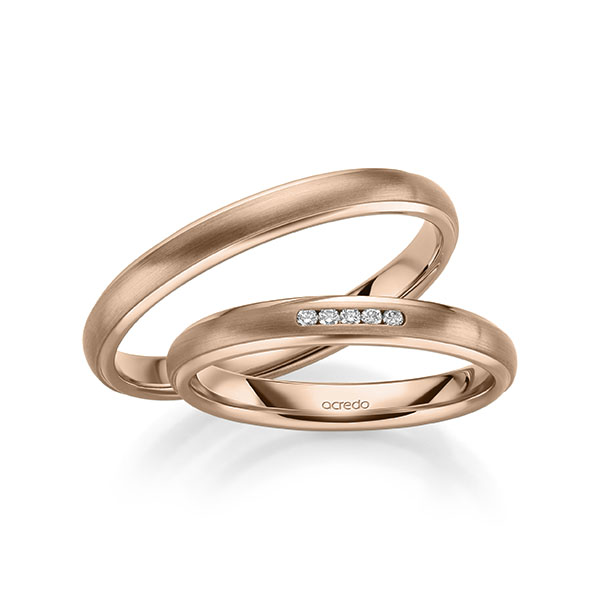Set Klassieke trouwringen in roodgoud 14 kt. met in totaal 0,04 ct. Briljant tw/si van acredo