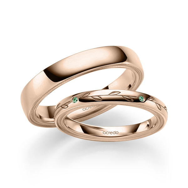 Set Klassieke trouwringen in roodgoud 14 kt. met in totaal 0,04 ct. Briljant van acredo